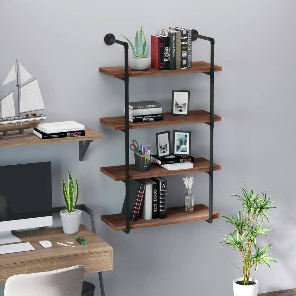 HOMCOM Floating Wall Mounted Bookshelf 1.25" Assembly Required Brown 4-Tier - Furniture4Design