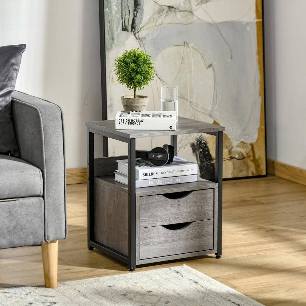 HOMCOM Living Room Furniture 19" H x 14" W x 16" D Grey Wood 2 Drawer Nightstand - Furniture4Design