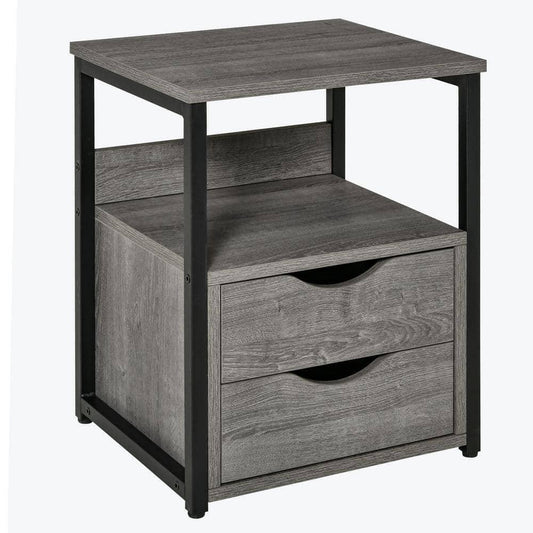 HOMCOM Living Room Furniture 19" H x 14" W x 16" D Grey Wood 2 Drawer Nightstand - Furniture4Design