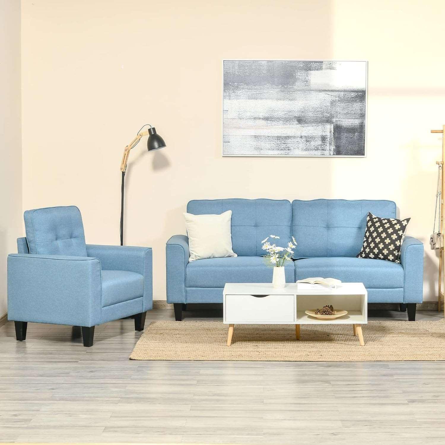 Mid-Century 3-Seater Blue Linen Sofa with Button-Tufted Back and Rubber Wood Legs - Furniture4Design