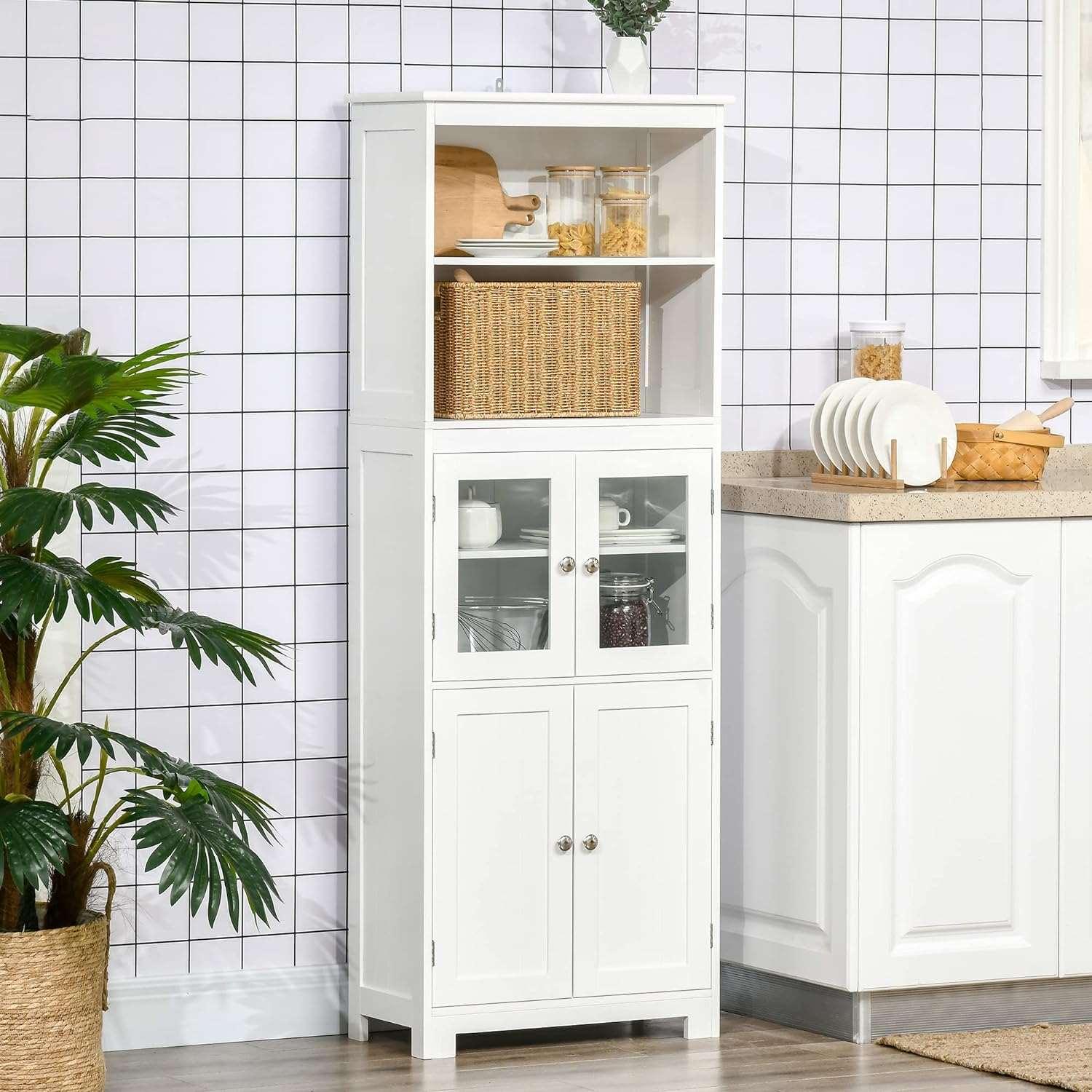 Small White Kitchen Pantry Storage Cabinet with Adjustable Shelves and Glass Doors - Furniture4Design