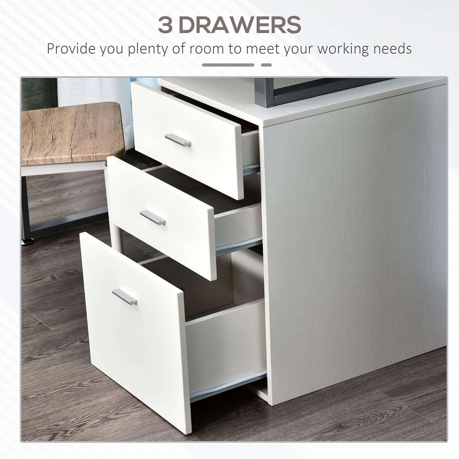 White 47 L Computer Desk with Reversible File Drawers and Metal Frame - Furniture4Design