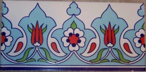 10 Turkish Light Blue 4"x8" Iznik Ceramic Tulip & Daisy Pattern Tile Border - Furniture4Design