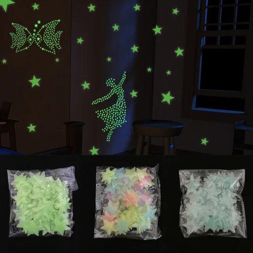 100 Plastic 3D Stars Wall Sticker Glow In The Dark Luminous Fluorescent 30mm - Furniture4Design