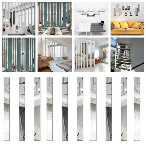 10Pcs Long Strip 3D Mirror Acrylic Wall Stickers Self-adhesive Tile Rectangle - Furniture4Design