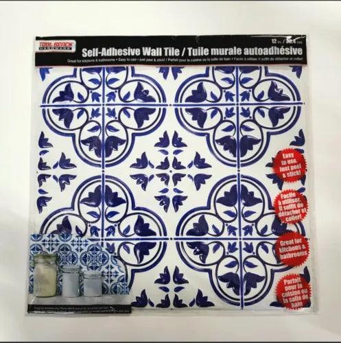 12 Pack 3D Blue White Faux Tin Floral Peel Stick Vinyl Tile Wall Backsplash 12" - Furniture4Design