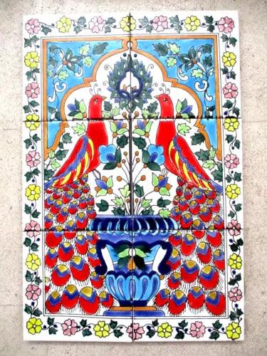 12" x 18" Hand painted Ceramic tile Art Wall mural panel Backsplash peacocks - Furniture4Design