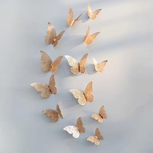 12pcs 3D Hollow Butterfly Wall Stickers Rose Gold Silver DIY Home Wall Decor NEW - Furniture4Design