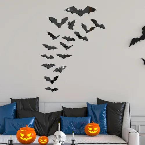 12pcs Halloween Bat Acrylic Mirror Tiles Stickers Self Adhesive Room Wall Decals - Furniture4Design