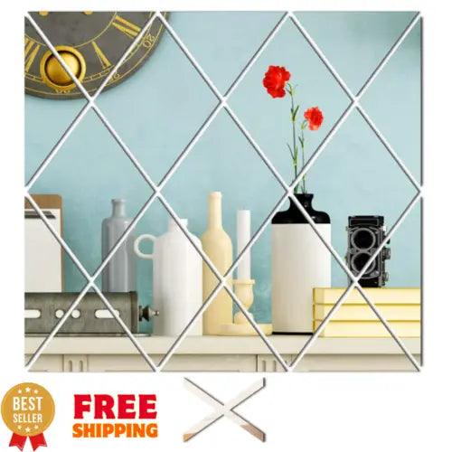 17 Pieces 3D Removable Acrylic Mirror Wall Stickers Geometric Art Decor Diamond - Furniture4Design