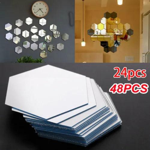 24-48X Acrylic Mirror Tile Wall Sticker 3D Hexagon Self Adhesive DIY Home Decor - Furniture4Design