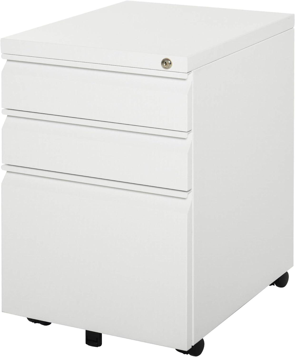 3-Drawer White Metal Filing Cabinet with Lock and Wheels for Legal and Letter Files - Furniture4Design