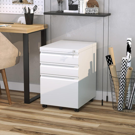 3-Drawer White Metal Filing Cabinet with Lock and Wheels for Legal and Letter Files - Furniture4Design