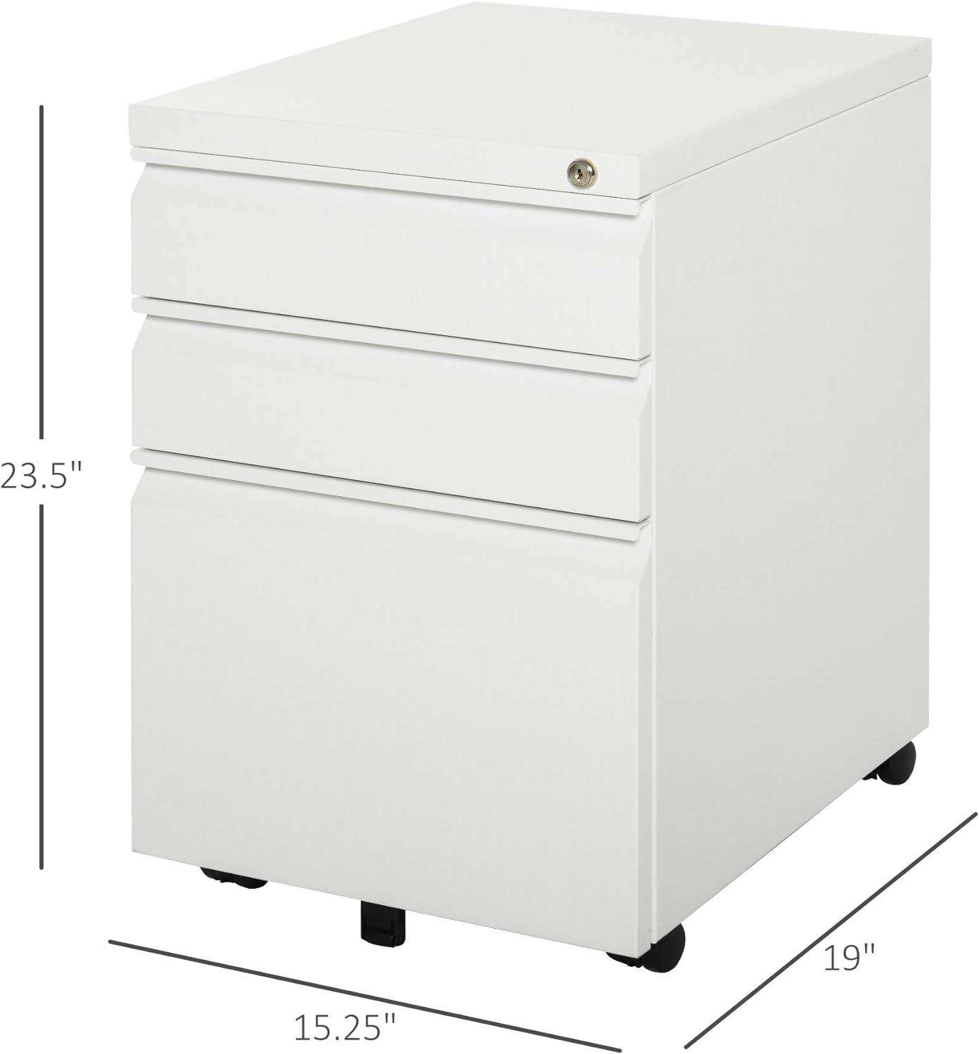 3-Drawer White Metal Filing Cabinet with Lock and Wheels for Legal and Letter Files - Furniture4Design