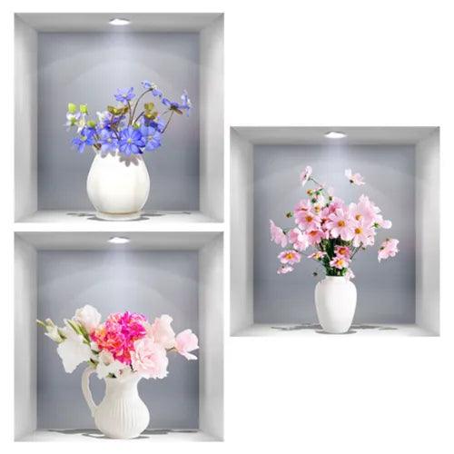 3 Pcs 3d Flower Vase Wall Sticker Self-adhesive Tile Stickers Window - Furniture4Design