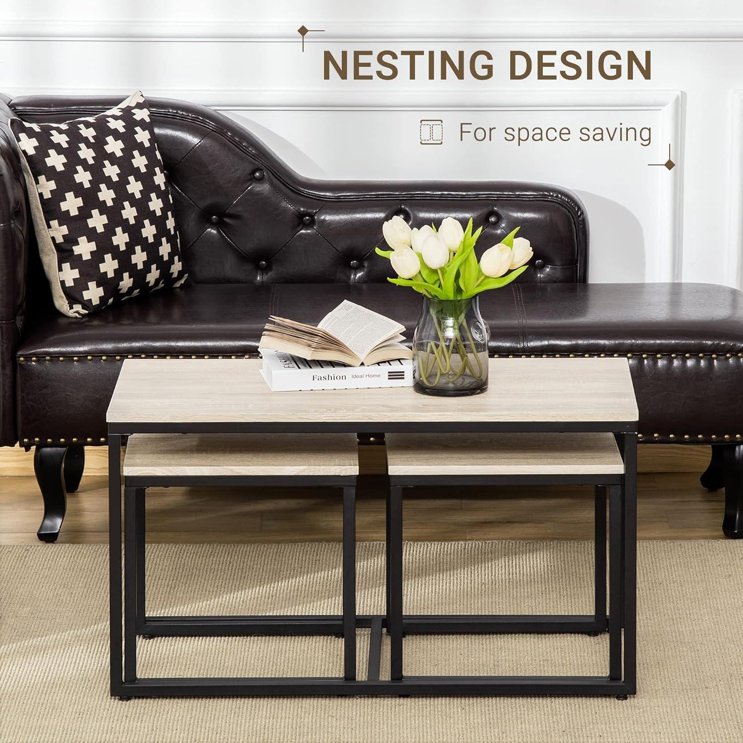 3-Piece Nesting Coffee Table Set with Black Metal Frame, Natural Finish for Living Room - Furniture4Design