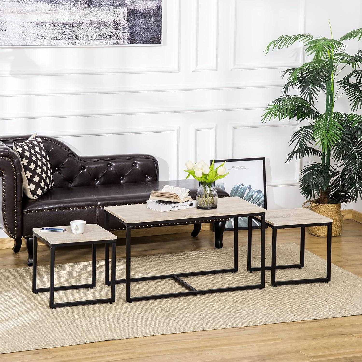 3-Piece Nesting Coffee Table Set with Black Metal Frame, Natural Finish for Living Room - Furniture4Design