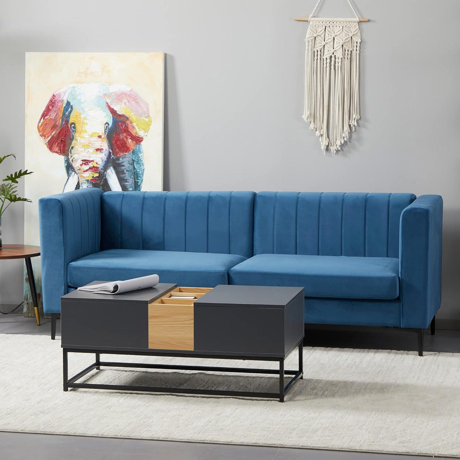 3-Seater Blue Velvet Sofa with Channel Tufting and Steel Legs - Furniture4Design