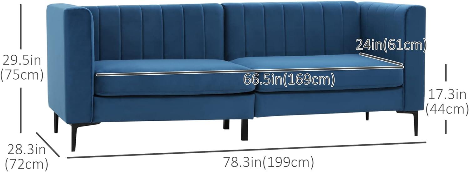 3-Seater Blue Velvet Sofa with Channel Tufting and Steel Legs - Furniture4Design