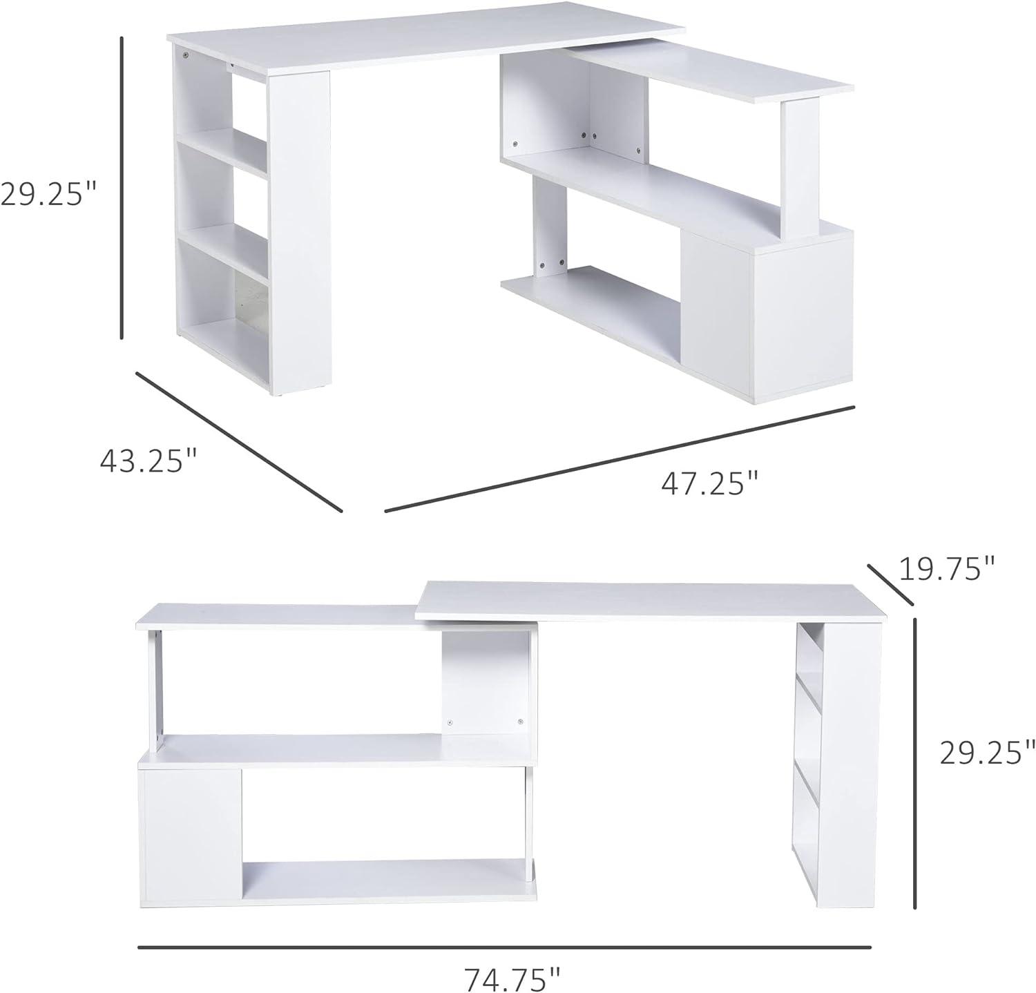 360° Rotating L Shaped Desk with Storage Shelf for Home Office, White - Furniture4Design