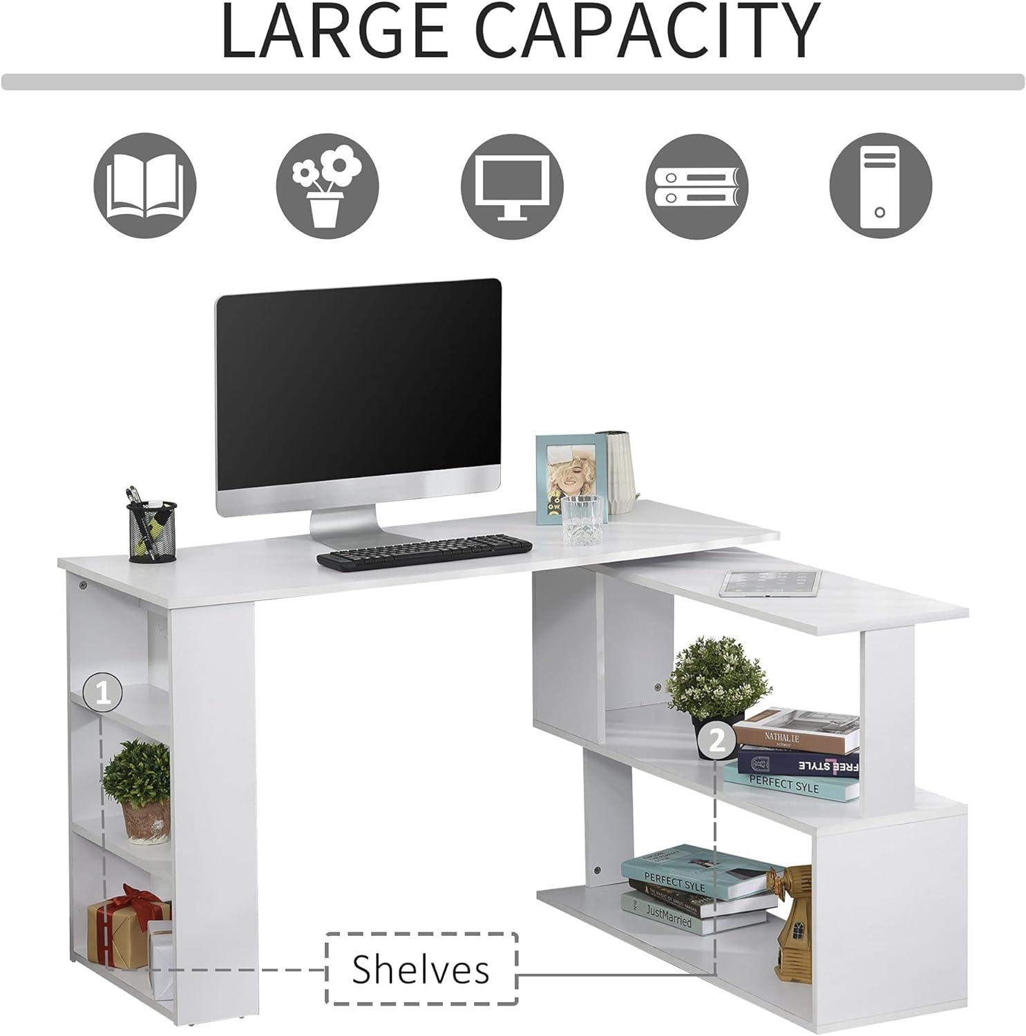 360° Rotating L Shaped Desk with Storage Shelf for Home Office, White - Furniture4Design