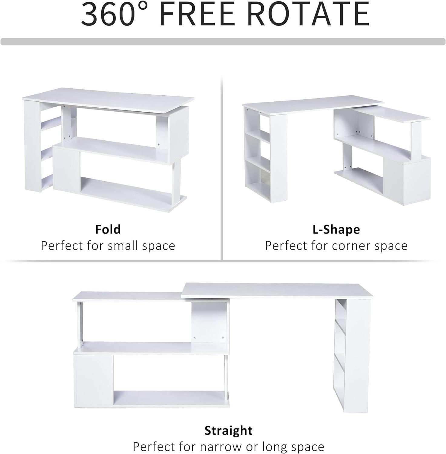 360° Rotating L Shaped Desk with Storage Shelf for Home Office, White - Furniture4Design