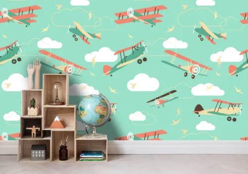 3D Aircraft Cloud Sky Green Self-adhesive Removeable Wallpaper Wall Mural1 1445 - Furniture4Design