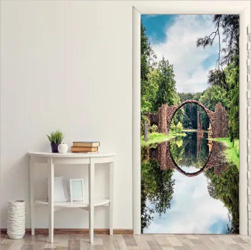 3D Arched Bridge Lake Beauty Scene Poster Living Room Door Sticker Murals - Furniture4Design