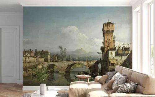 3D Architecture Bridge Ship River Self-adhesive Removeable Wallpaper Wall Mural1 - Furniture4Design