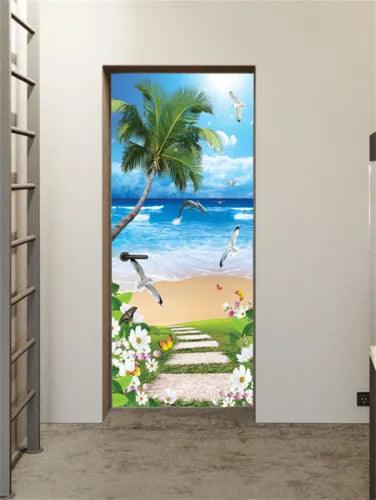 3D Birds Ocean Beach Seascape Self-adhesive Door Murals Wall Sticker Wallpaper - Furniture4Design