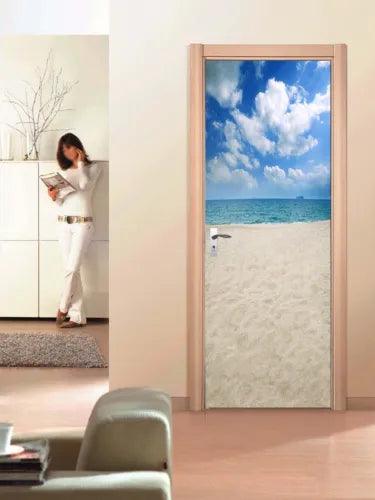 3d Blue Sky White Couds Sandy Beach Self-adhesive Door Mural Wall Stickers Decor - Furniture4Design