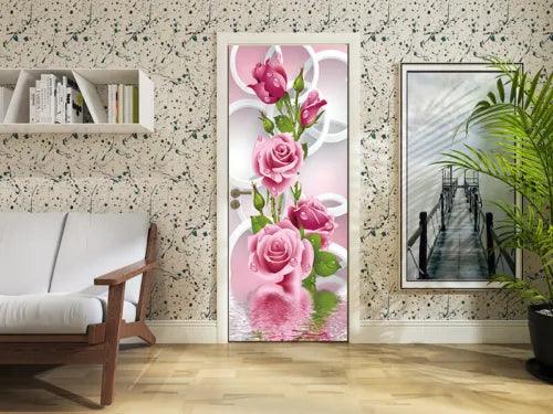 3D Circle Pink Rose Flowers Self Adhesive Living Room Door Mural Wall Stickers - Furniture4Design