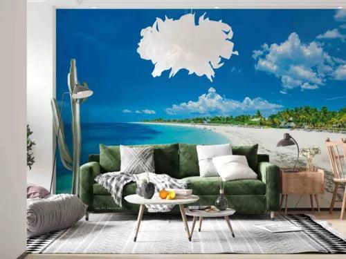 3D Cloud Sandbeach Sea Tree Sky Self-adhesive Removeable Wallpaper Wall Mural1 - Furniture4Design