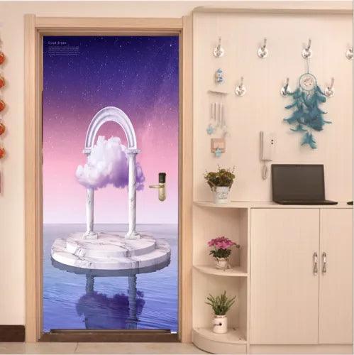 3D Clouds With Arched Door Lake Self-adhesive Living Room Door Sticker Mural - Furniture4Design