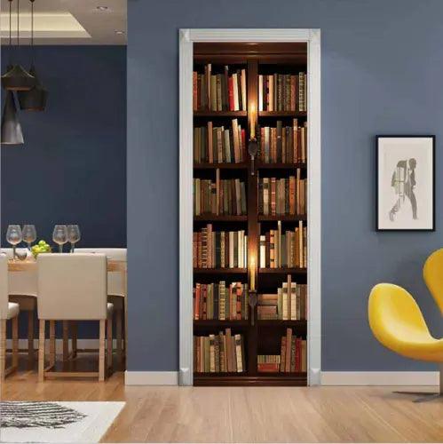 3D Door Stickers Decal Rustic Bookshelf Candle Self Adhesive Mural Wallpaper - Furniture4Design