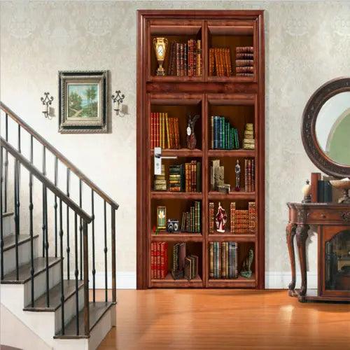 3D Door Stickers Decal Rustic Bookshelf Self Adhesive Mural Wallpaper - Furniture4Design