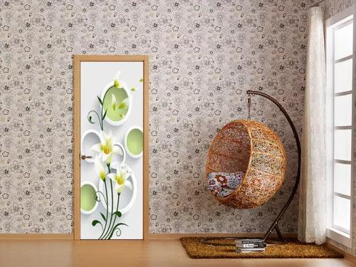 3D Fresh Flowers With White Circles Door Murals Self Adhesive Wall Sticker Photo - Furniture4Design