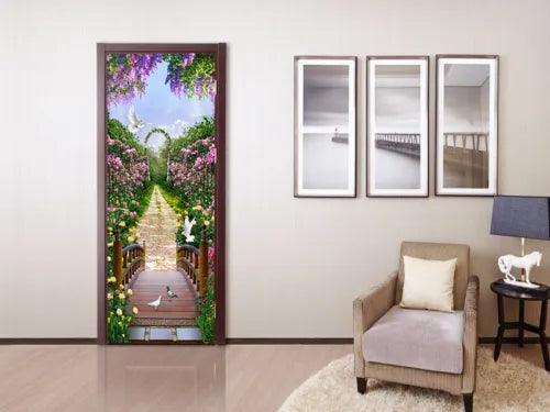 3D Garden Bridge Purple Flower Self-adhesive Living Room Door Sticker Wall Mural - Furniture4Design