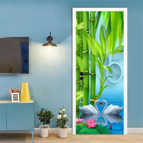 3D Green Bamboo White Swan Lotus Self-adhesive Door Mural Wall Sticker Wallpaper - Furniture4Design