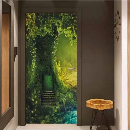 3D Green Light Wooden House on The Tree Self-adhesive Door Murals Wall Stickers - Furniture4Design