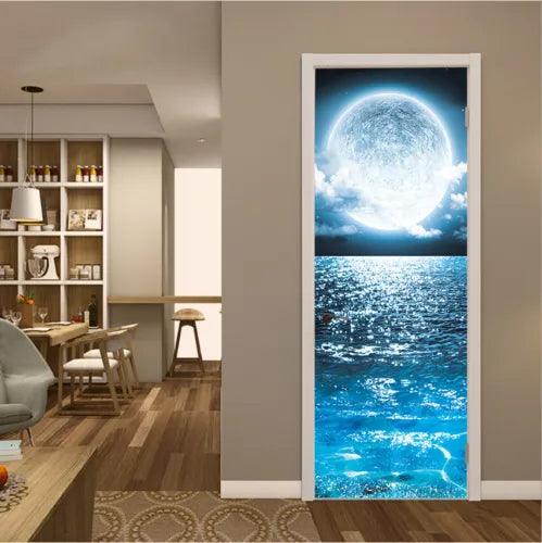 3D Lake Night Moonlight Self-adhesive Living Room Door Stickers Wall Mural Decor - Furniture4Design