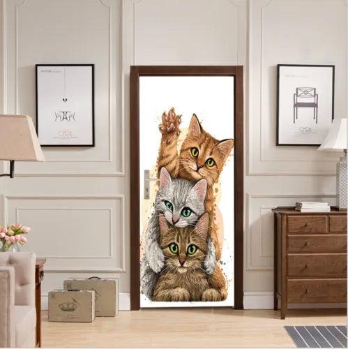 3d Lovely Cat Family Self-adhesive Door Poster Room Adorn Embellish Decal - Furniture4Design