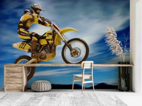 3D Motorbike Person Bluesky Cloud Self-adhesive Removeable Wallpaper Wall Mural1 - Furniture4Design