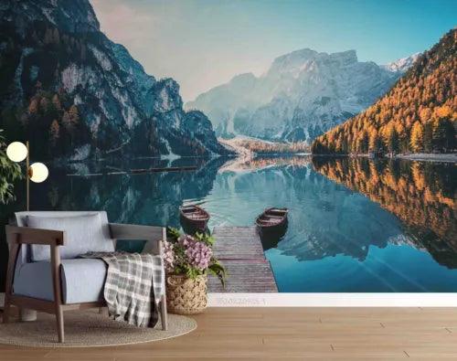 3D Mountain Sea Ship Sky Cloud Self-adhesive Removeable Wallpaper Wall Mural1 - Furniture4Design