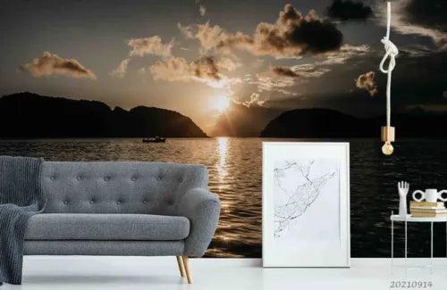 3D Mountain Sea Sunlight Ship Self-adhesive Removeable Wallpaper Wall Mural1 - Furniture4Design