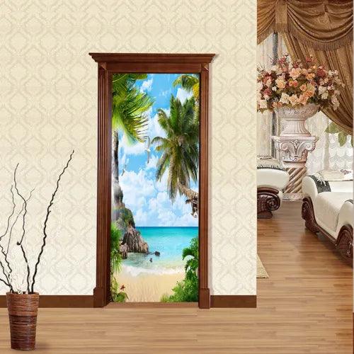 3D Ocean Beach Palm Tree Seascape Poster Living Room Door Murals Wall Stickers - Furniture4Design