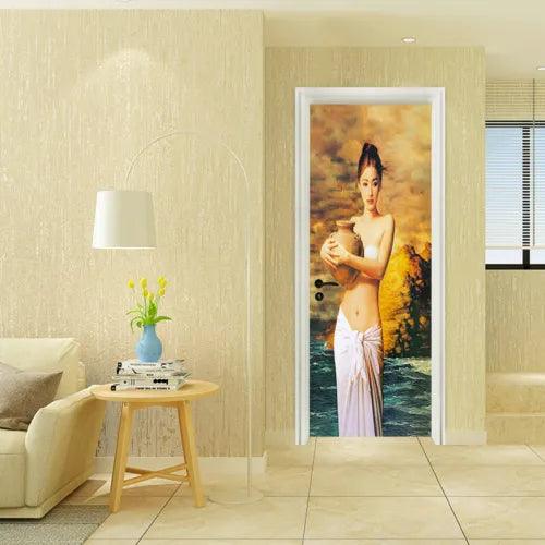 3D Oil Art of Beautiful Girl Self-adhesive Living Room Door Murals Wall Stickers - Furniture4Design