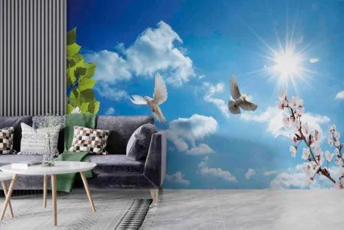 3D Sky Cloud Sun Floral Blue Self-adhesive Removeable Wallpaper Wall Mural1 1011 - Furniture4Design