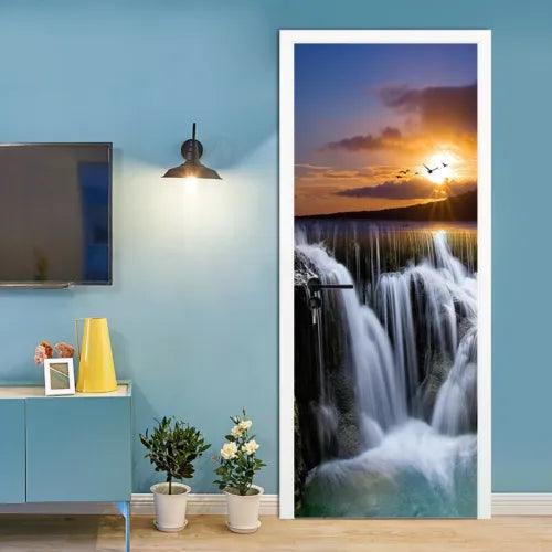 3D Sunset Waterfall Self-adhesive Door Sticker Wall Murals Wallpaper for Bedroom - Furniture4Design