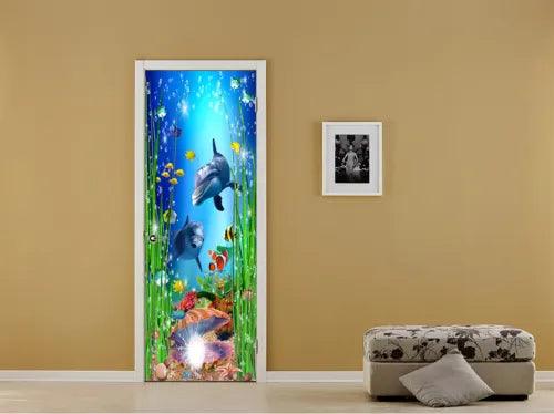 3D Undersea Fishes Self-adhesive Door Murals Wall Stickers Wallpaper for Bedroom - Furniture4Design